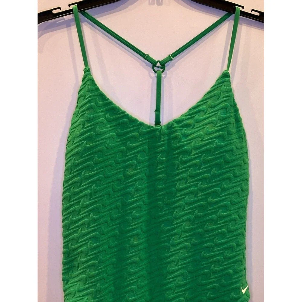 NIKE Swoosh Textured One Piece Swimsuit V Neck Y Back NEW Green Terry Large